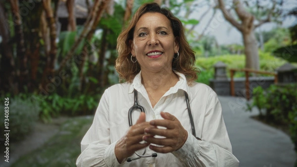 Fototapeta Hispanic middle aged woman doctor with stethoscope claps hands under green canopy in forest; care and gratitude.