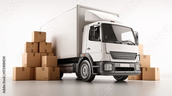 Fototapeta A white delivery truck surrounded by stacked cardboard boxes in a clean, bright environment