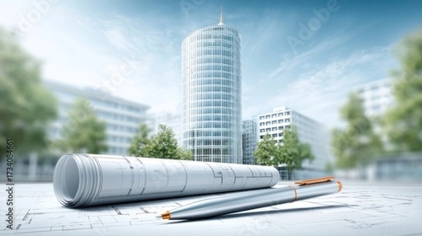 Fototapeta A rolled blueprint and pen rest on architectural plans with a modern glass office building and trees in the background
