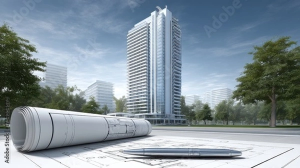 Fototapeta A modern high-rise building stands in the background, with architectural blueprints and a pen in the foreground, set in a green urban environment