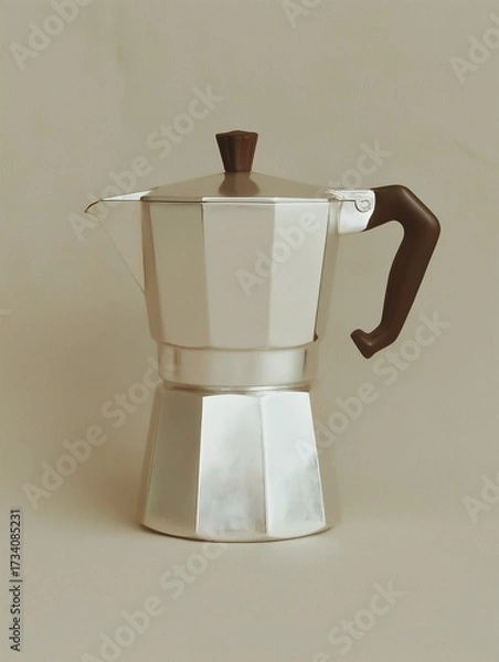Fototapeta A coffee pot with a wooden handle on a beige background