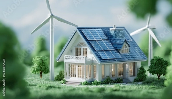 Fototapeta Eco-friendly home nestled in a verdant landscape with solar panels and wind turbines