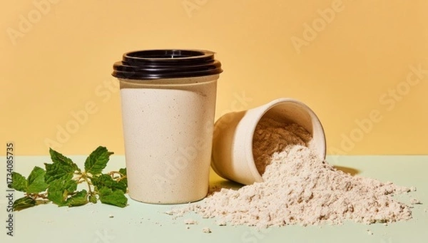 Fototapeta Light beige disposable cups and a bowl of a light tan powder sit on a pastel green and mustard yellow surface, with fresh green leaves.