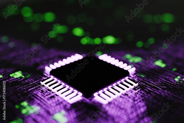 Fototapeta Futuristic glowing microchip with neon purple and green lights on circuit board, modern technology, innovation, artificial intelligence, and high-performance computing. CPU concept creative