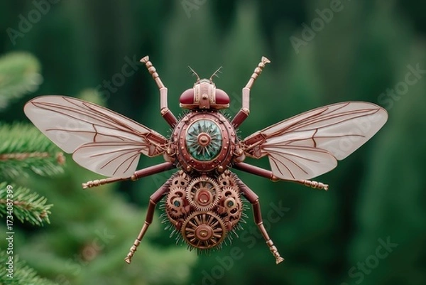 Fototapeta Steampunk fly, intricate mechanical design, hovering in forest