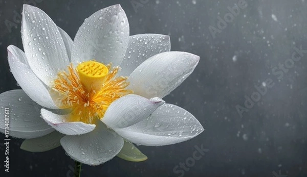 Fototapeta Close-up of a pristine white lotus flower, adorned with water droplets, against a muted gray backdrop