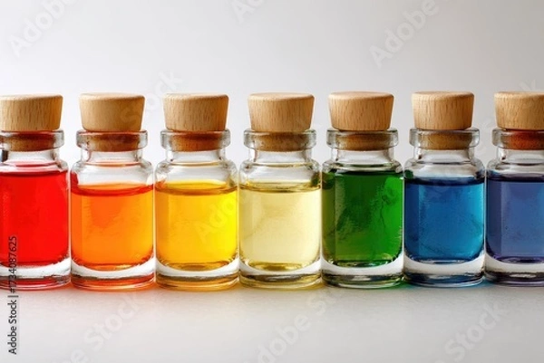 Fototapeta Row of small glass bottles, each filled with a different colored liquid, and capped with light-brown wood stoppers