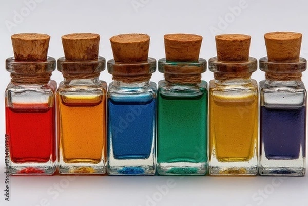 Fototapeta Row of small, square glass bottles with colored liquids and wooden corks