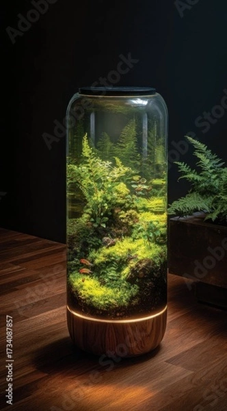 Fototapeta Cylindrical glass terrarium, filled with lush greenery, moss, and small fish, sits on a wooden floor.  Clear glass, with a dark wooden base and top.  Ambient lighting