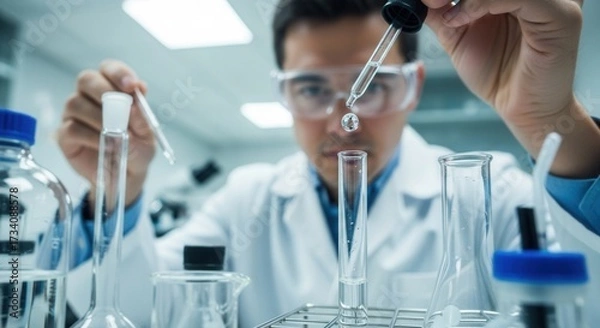 Fototapeta A person in safety goggles and a lab coat carefully pipetting liquid into a test tube in a laboratory