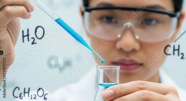 Fototapeta A person in safety goggles and a lab coat conducts a chemical experiment adding blue liquid from a pipette into a flask with chemical formulas in the background