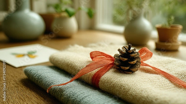 Fototapeta Cozy beige knitted fabric wrapped with red ribbon and topped with pine cone on wooden table near blurred plants and window light
