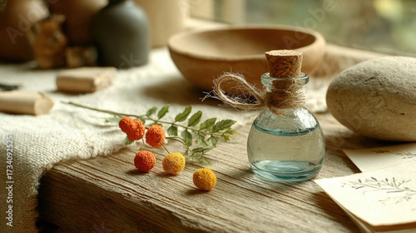 Fototapeta Small glass bottle with cork and twine filled with liquid on rustic wooden table with dried orange and yellow flowers and natural decor