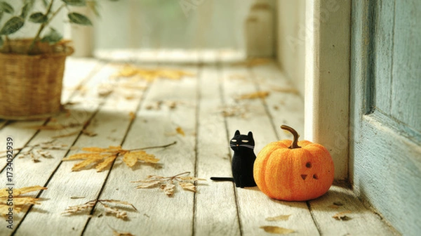 Fototapeta Small black cat figurine sits next to carved orange pumpkin on wooden floor with scattered autumn leaves, creating cozy fall scene