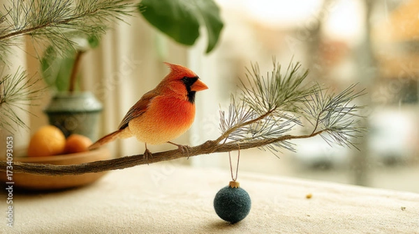 Fototapeta Vibrant red cardinal bird perched on pine branch with blue Christmas ornament hanging, creating warm festive atmosphere indoors