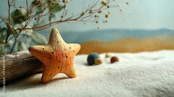 Fototapeta Rustic wooden star with black dots leans on driftwood surrounded by sand and small stones, evoking calm beach atmosphere