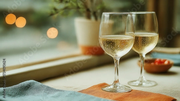 Fototapeta Two wine glasses filled with sparkling white wine on table with cozy atmosphere and soft lighting creating warm and inviting mood