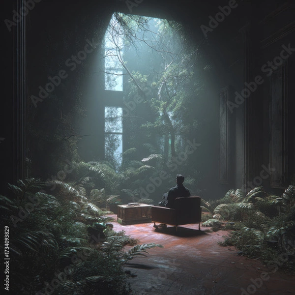 Fototapeta Man sitting on armchair in abandoned room overgrown with plants and illuminated by soft natural light, creating mysterious and peaceful atmosphere
