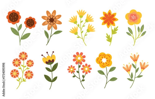 Fototapeta Vector set of colorful wildflowers, cute hand-drawn floral elements, leaves, and foliage isolated on white background. Perfect for spring and summer decoration, greeting cards, invitations.