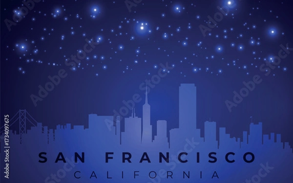 Fototapeta a stylized skyline of San Francisco, California, depicted as a silhouette against a dark blue background with scattered white stars, creating a night sky effect.