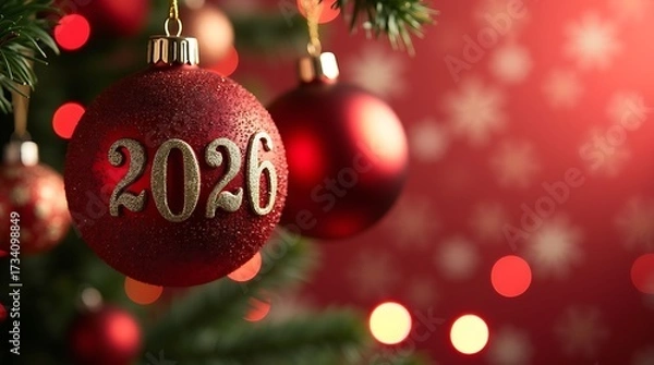 Fototapeta Floating Red Christmas Ornaments with 2026 Typography and Colorful Festive Bokeh Lights