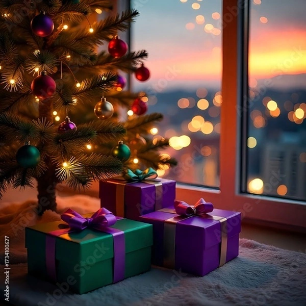 Fototapeta An array of elegant Christmas gift boxes wrapped in purple paper,
