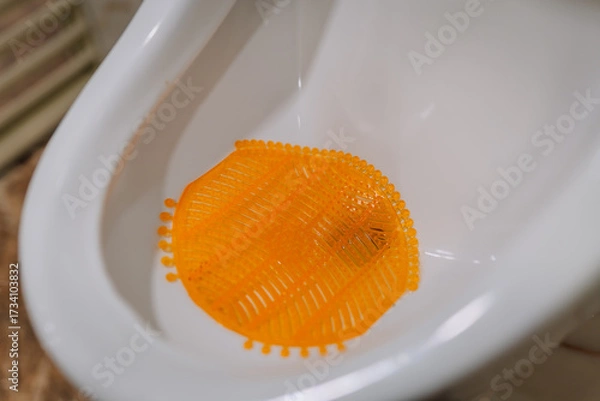 Fototapeta Close-up of a white urinal with an orange urinal screen inside, typically used for hygiene and odor control in public or commercial restrooms.
