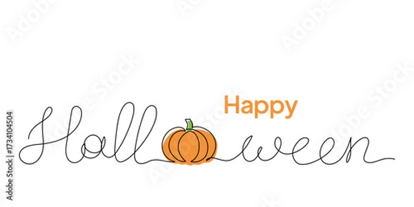 Fototapeta Vector illustration of a one line drawing of pumpkin and Happy Halloween handwritten text