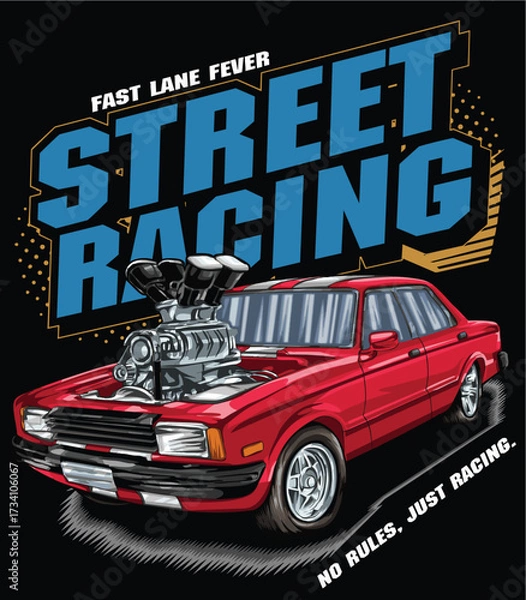 Fototapeta Red and painted racing car. Isolated in a black background, for t-shirt design, print. and for business purposes.