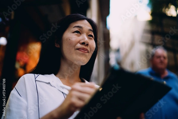 Fototapeta Close-up of Asian woman drawing on tablet, captured mid-gesture, highlighting mindful presence and seamless interaction between touch, thought and digital creativity.