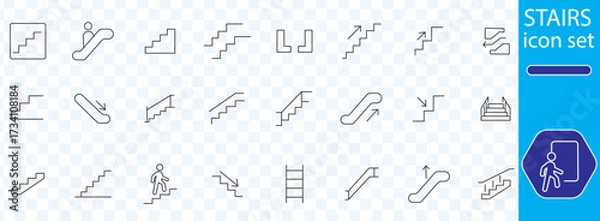 Fototapeta  line icons related to stairs, staircase, upstairs, step, climb, downstairs, escalator, stairway, ladder, stairwell, Editable stroke. Vector