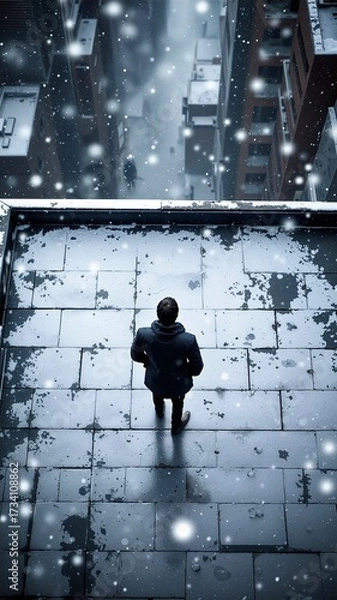 Obraz High angle view of a man in a dark coat standing alone on a wet, snowy rooftop, looking down onto a blurry, stormy city street. Solitude and urban mystery