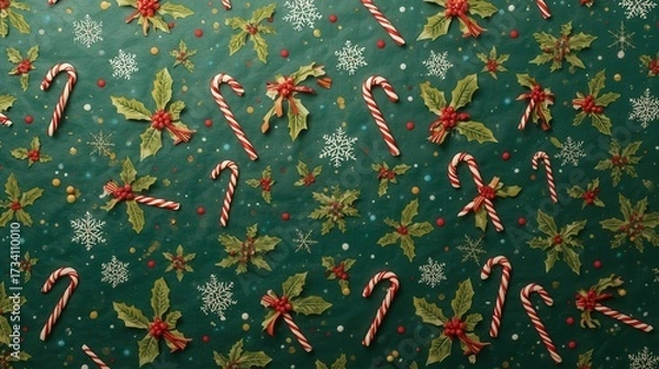 Fototapeta Seamless Christmas pattern featuring candy canes, holly leaves, red berries, and snowflakes on a green background.