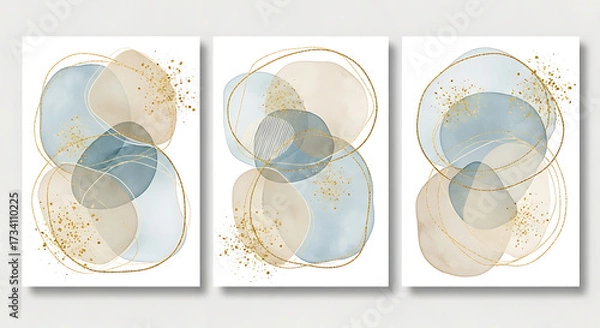 Obraz Abstract Watercolor Shapes Triptych Set Modern Beige Blue and Gold Geometric Art for Interior Design and Digital Art