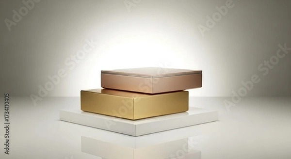 Fototapeta Two metallic podiums in brushed gold and champagne rose, stacked vertically on glossy white base, soft gradient ivory background, elegant studio product photography