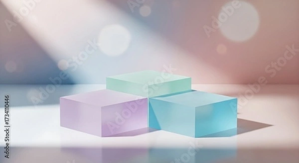 Fototapeta Three frosted acrylic podiums in pastel lavender, mint, and sky blue, triangular arrangement on reflective surface, dreamy bokeh blush background, diffused daylight, ethereal product photography