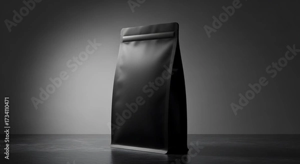 Fototapeta Matte black pouch on dark stone surface, gradient gray background, soft top-down studio lighting, professional packaging product photography