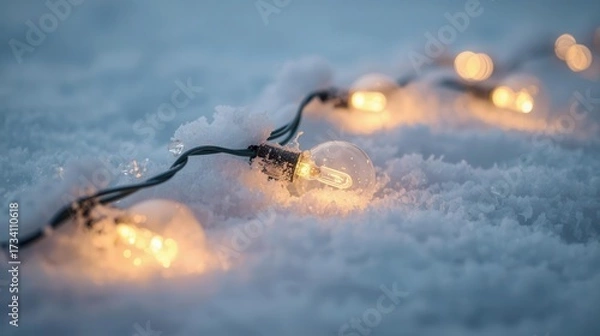 Fototapeta Beautiful glowing string lights lying on snowy ground with soft warm illumination.