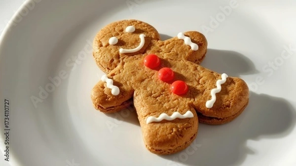 Fototapeta Delicious gingerbread man cookie decorated with white icing and red candy buttons on a white plate.