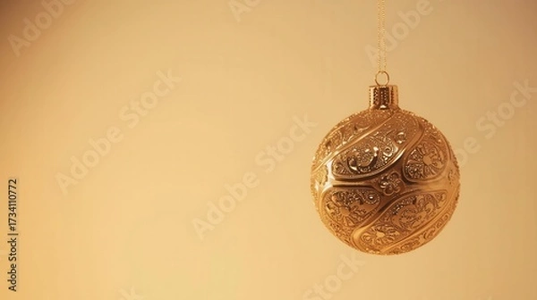 Fototapeta Elegant golden Christmas ornament with intricate decorative patterns hanging on a string against a warm gradient background.
