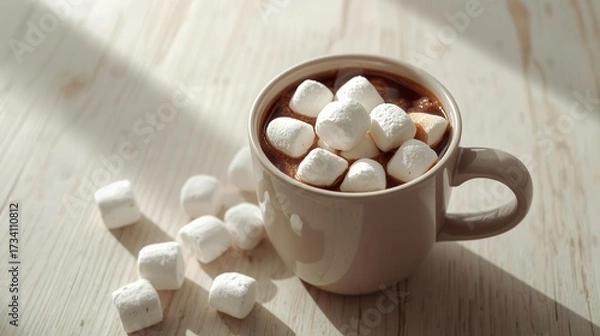 Fototapeta Cozy cup of hot chocolate topped with fluffy marshmallows on a wooden table in warm sunlight.