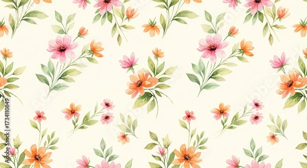 Fototapeta Pastel Pink, Peach, and Orange Watercolor Floral Seamless Pattern on Cream Background in Rustic Vintage Style