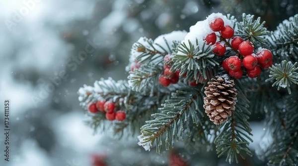 Fototapeta Close-up of a snowy pine branch decorated with red berries and a pine cone in winter. Perfect for Christmas cards, holiday backgrounds, seasonal designs, and festive decorations.