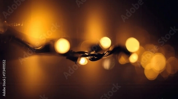 Fototapeta Close-up of glowing warm string lights with golden bokeh effect in the background. Perfect for Christmas, New Year, weddings, parties, greeting cards, posters, banners, and festive holiday designs.