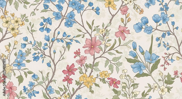 Fototapeta Elegant seamless pattern featuring delicate blue, pink, and yell