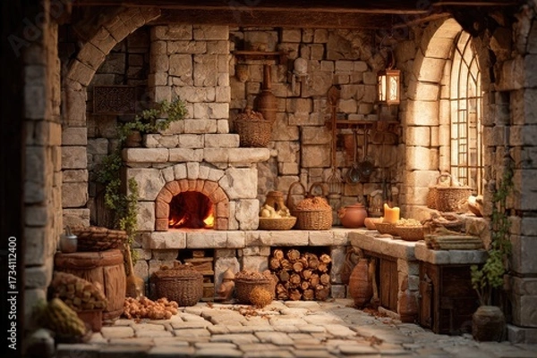 Fototapeta Detailed model of a rustic stone kitchen