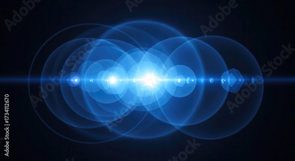 Fototapeta Brilliant Blue Optical Lens Flare on Dark Background with Luminous Circular and Hexagonal Bokeh