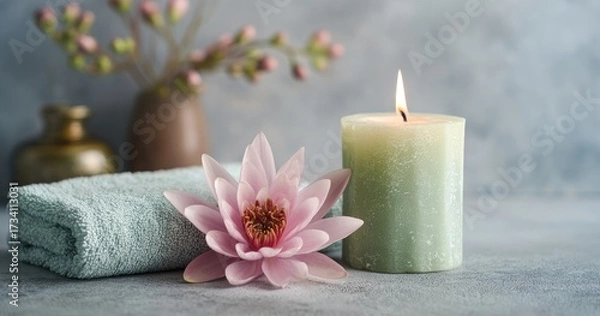 Fototapeta Spa still life featuring a candle, flower, and towel