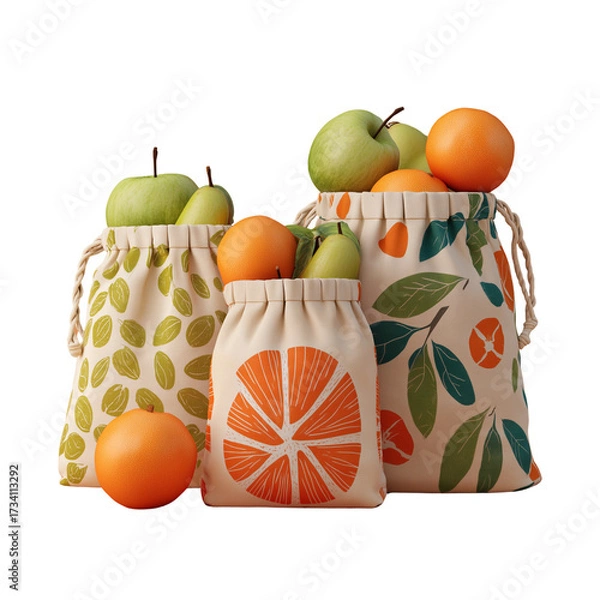 Fototapeta Reusable Fruit Bags with Apples and Oranges on Transparent Background