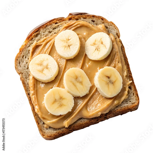 Fototapeta Delicious slice of whole wheat toast with creamy peanut butter and fresh banana slices isolated on transparent background